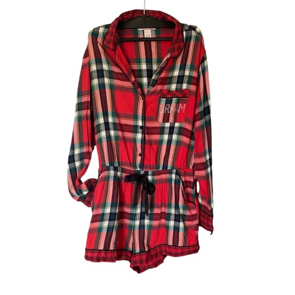 Victoria’s Secret Flannel Plaid One Piece PJ Shorts Romper Medium - Picture 2 of 9